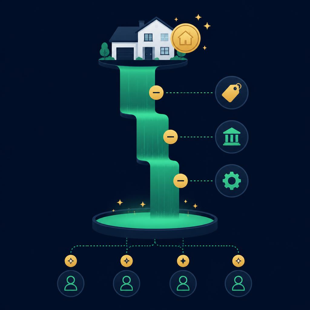 Ilustração da cascata de resultados: venda do imóvel, deduções e lucro a ratear entre investidores